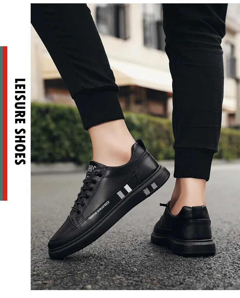 Tênis Masculino Casual de Couro - Branco, Estilo Esportivo e Impermeável para o Dia a Dia
