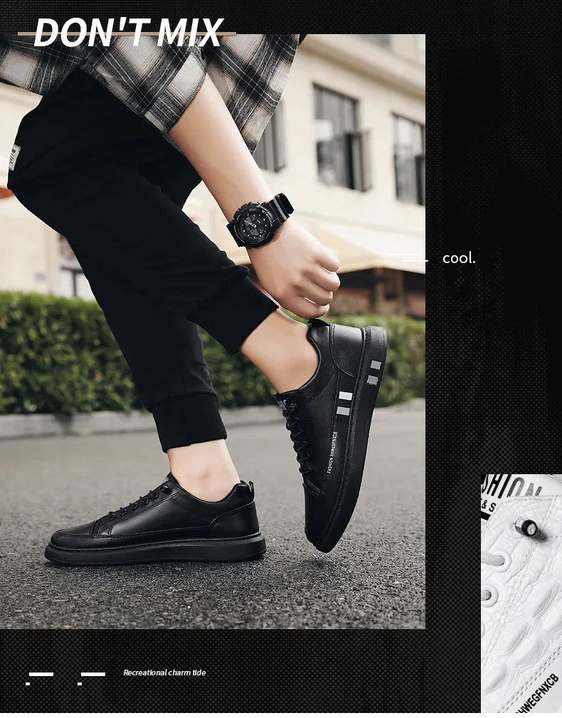 Tênis Masculino Casual de Couro - Branco, Estilo Esportivo e Impermeável para o Dia a Dia