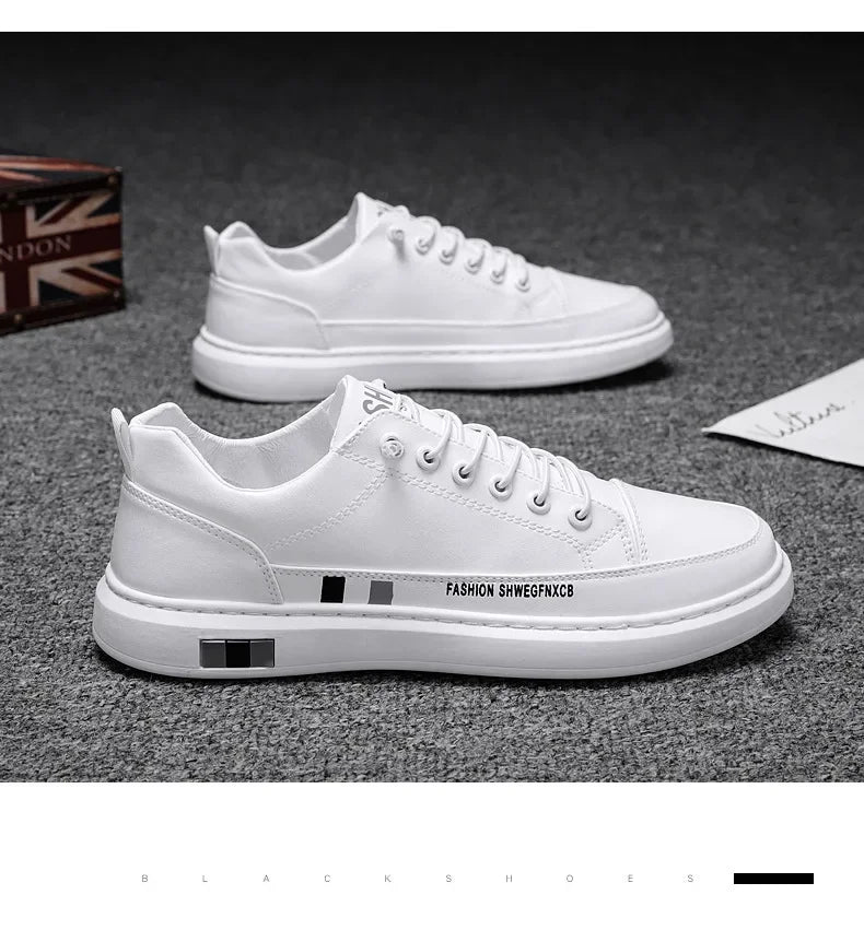 Tênis Masculino Casual de Couro - Branco, Estilo Esportivo e Impermeável para o Dia a Dia