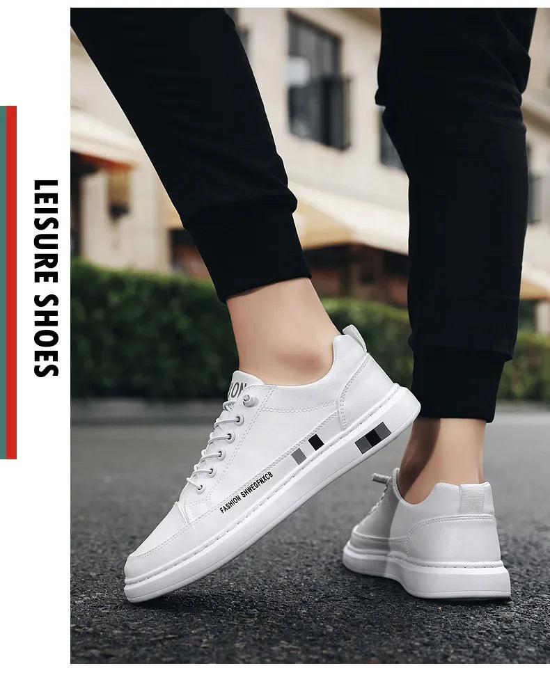 Tênis Masculino Casual de Couro - Branco, Estilo Esportivo e Impermeável para o Dia a Dia