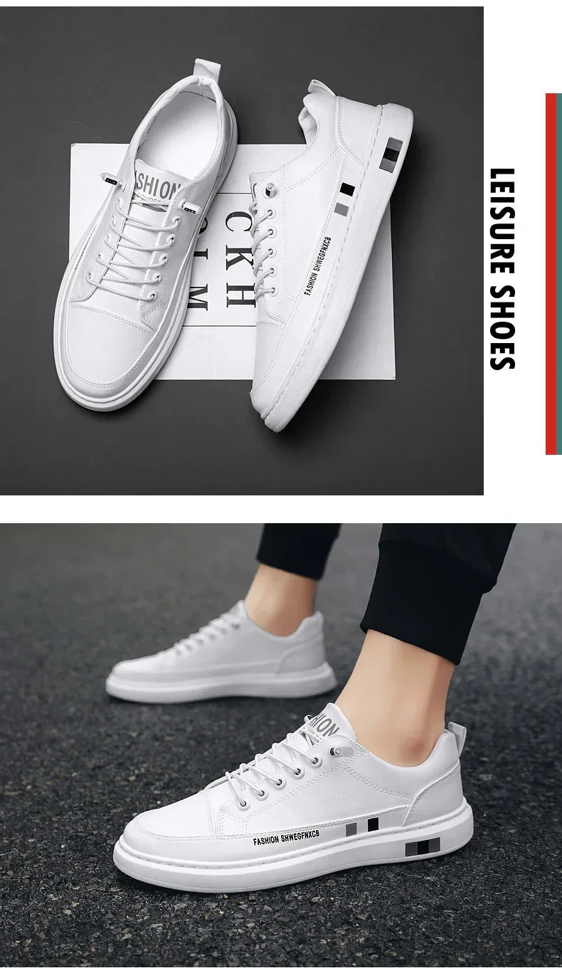 Tênis Masculino Casual de Couro - Branco, Estilo Esportivo e Impermeável para o Dia a Dia