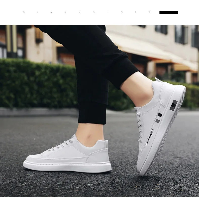 Tênis Masculino Casual de Couro - Branco, Estilo Esportivo e Impermeável para o Dia a Dia