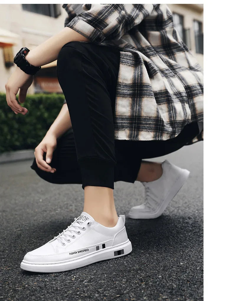 Tênis Masculino Casual de Couro - Branco, Estilo Esportivo e Impermeável para o Dia a Dia