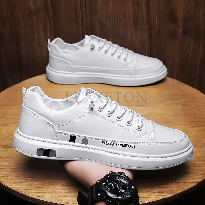 Tênis Masculino Casual de Couro - Branco, Estilo Esportivo e Impermeável para o Dia a Dia