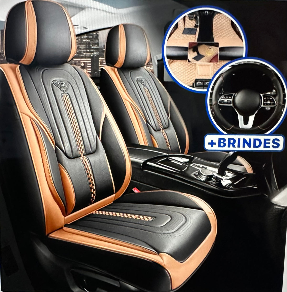 Capa Universal Completa Para Carro em Couro Legítimo e AirBag +BRINDES: 3 Tapetes Para Carro e Capa de Volante