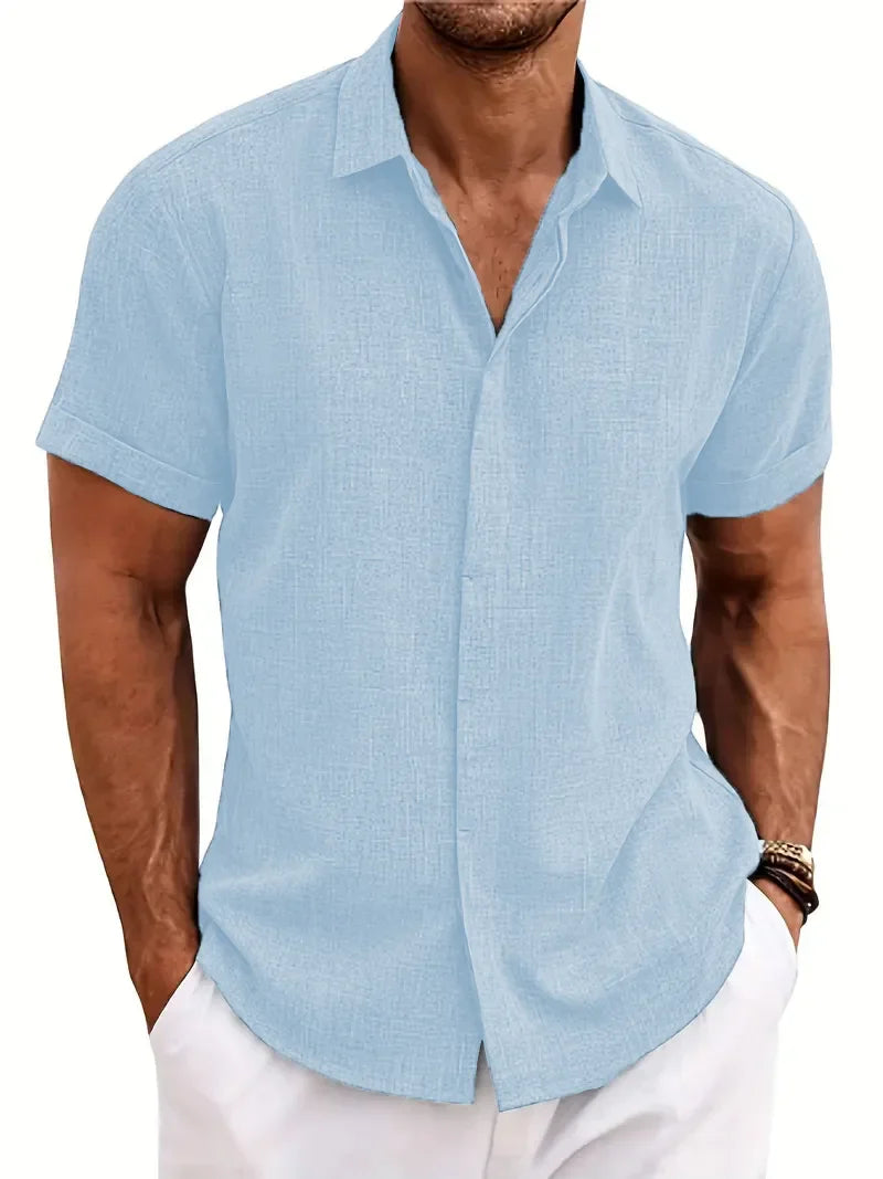Camisa Masculina Casual de Algodão e Linho - Estilo Solto e Confortável para o Verão