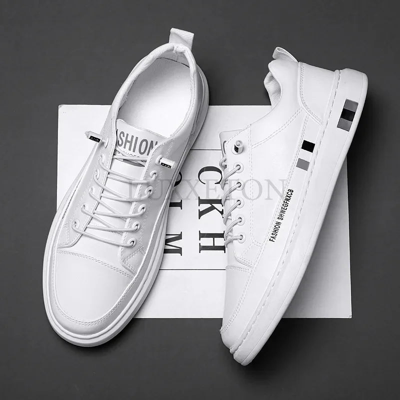 Tênis Masculino Casual de Couro - Branco, Estilo Esportivo e Impermeável para o Dia a Dia
