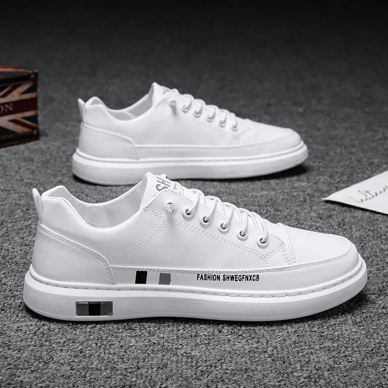 Tênis Masculino Casual de Couro - Branco, Estilo Esportivo e Impermeável para o Dia a Dia