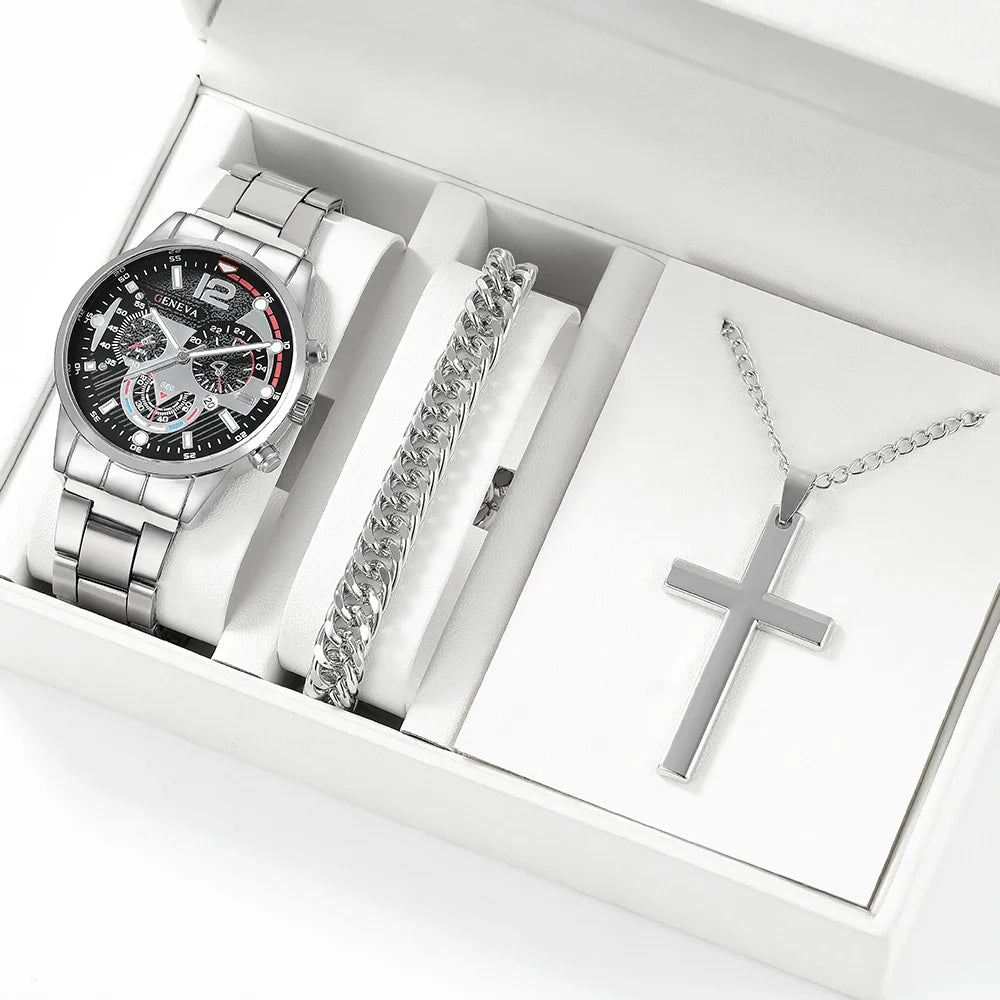 Kit Presente Roy - Relógio, Colar e Pulseira em Aço Inoxidável