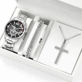 Kit Presente Roy - Relógio, Colar e Pulseira em Aço Inoxidável