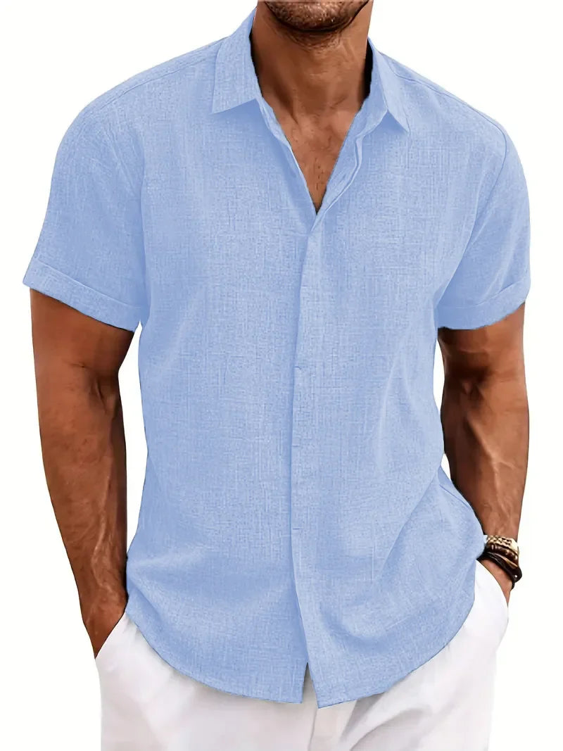 Camisa Masculina Casual de Algodão e Linho - Estilo Solto e Confortável para o Verão